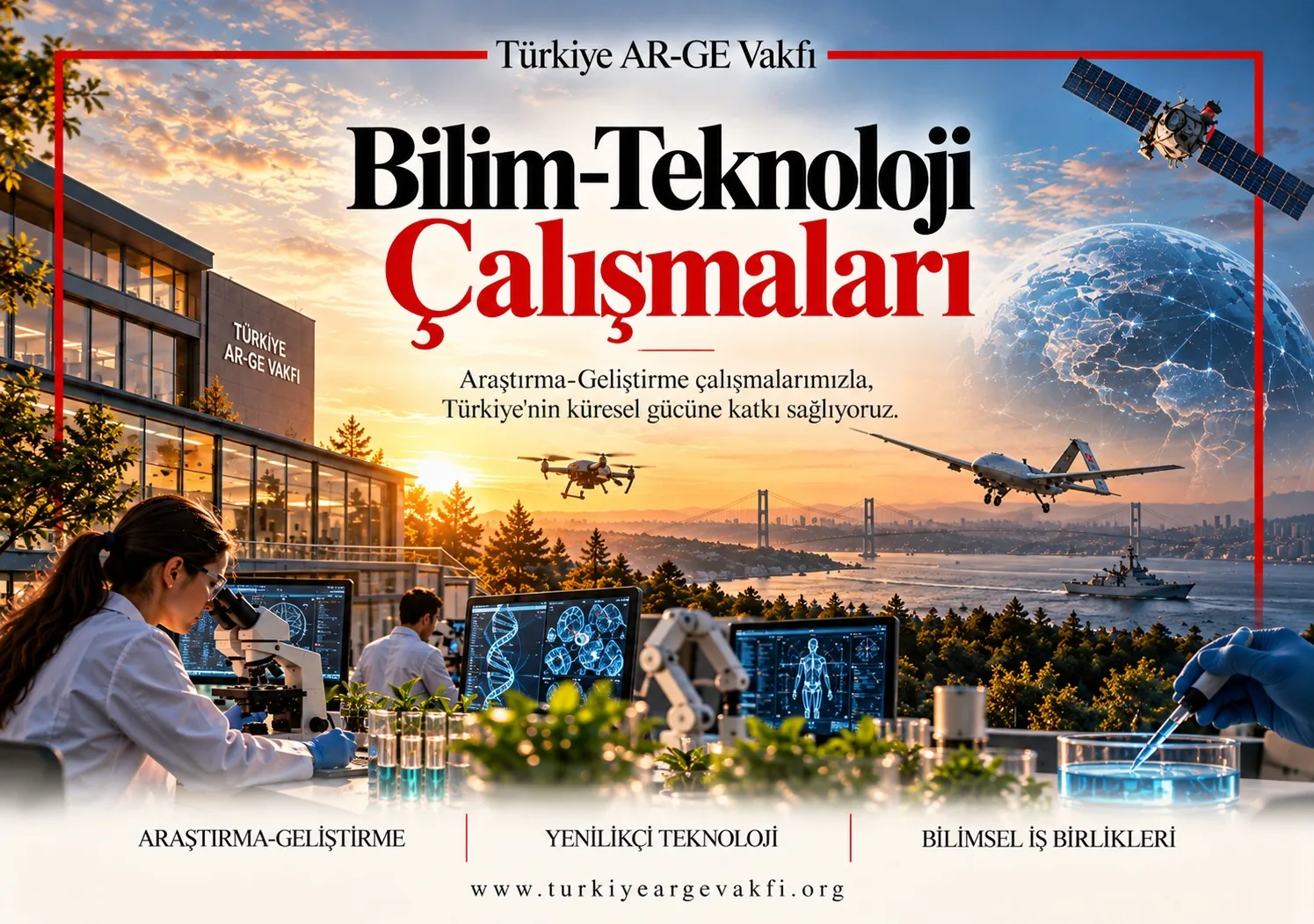 Bilim-Teknoloji Çalışmaları afişi: laboratuvarda çalışan araştırmacılar, insansız hava araçları ve uydu; araştırma-geliştirme, yenilikçi teknoloji ve bilimsel iş birlikleri başlıkları