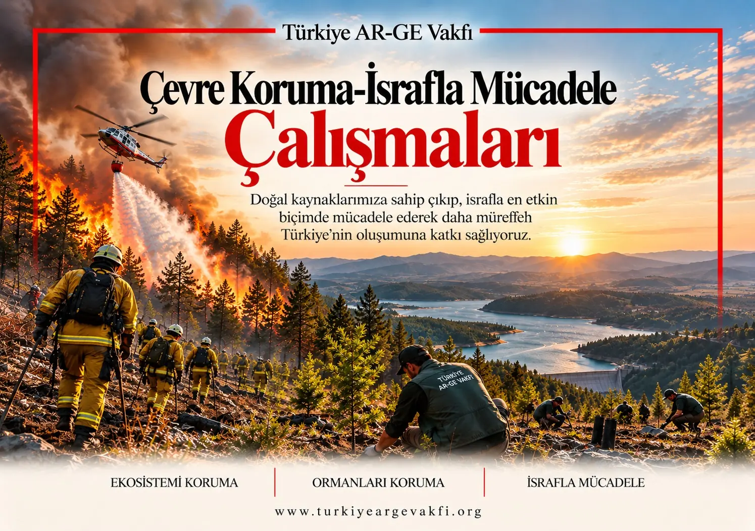 Çevre Koruma-İsrafla Mücadele Çalışmaları afişi: orman yangınına müdahale eden ekipler ve fidan diken gönüllüler; ekosistemi koruma, ormanları koruma ve israfla mücadele başlıkları