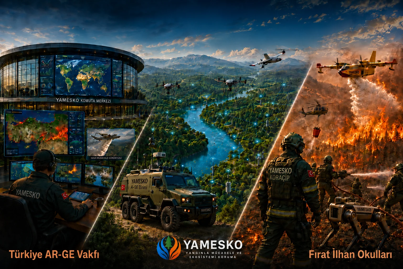 YAMESKO komuta merkezi, izleme dronları, Ar-Ge aracı ve yangın müdahale ekiplerini bir arada gösteren tanıtım görseli